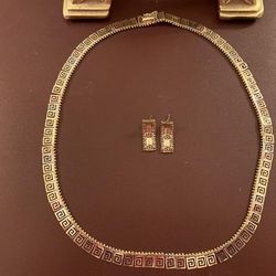 Tricolor Greek Style Necklace And Earrings Like New Condition Real Gold 10 K