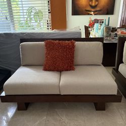 Modern Solid Wood Loveseat – Beige Cushions