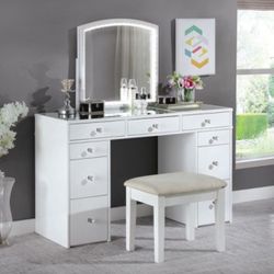 WHITE VANITY W/ STOOL (F5240) MULTIPLE DRAWERS MIRROR W/ LED LIGHT $399