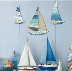 Three Winds Sailing — Coastal Wave Sailboat Trio Wall Art