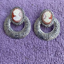 Vintage Silver Cameo Stud Earrings 