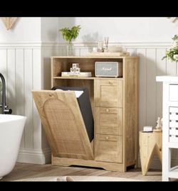 Natural Rattan Storage Cabinet With 3 Drawers with Hamper