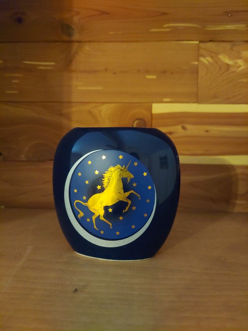 Small Blue And Gold Unicorn Vase