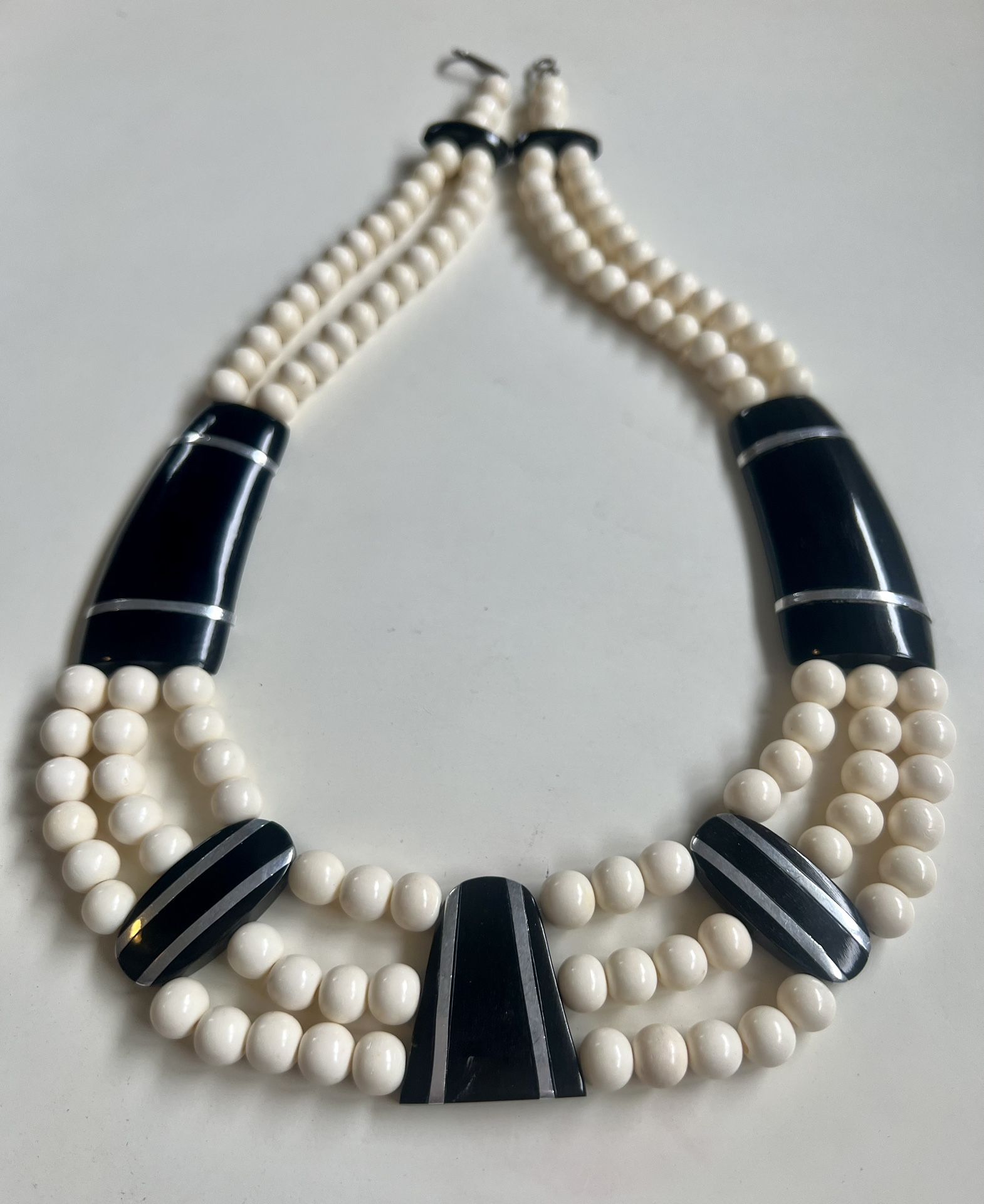 Vintage Jewlery Carved Black Coral Bone Silver Bib Necklace