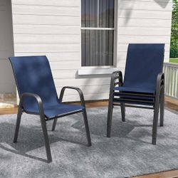 Navy Blue Steel Stackable Outdoor Dining Chair Modern Simple Patio Chairs Garden Armchairs Lawn Chair Set of 4