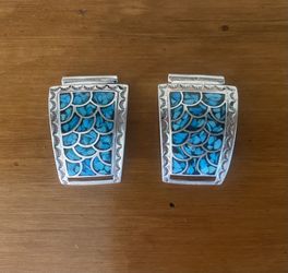 Sterling Silver Fish Scale Style Inlay Turquoise Watch Tips