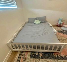 Queen Size White Wooden Montessori Floor Bed Frame with Rails