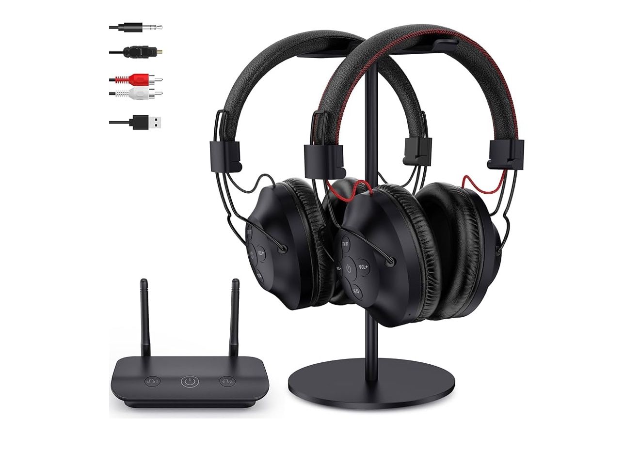 ROSIDA Dual Wireless Headphones for TV Watching with Transmitter, Headset Stand, TV Headphones for Seniors, 295FT Range with Optical, AUX, RCA,USB, Hi