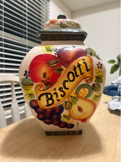 Large Vintage Nonni’s Hand-Painted Ceramic Biscotti Cookie Jar Fruit Canister w/ Lid