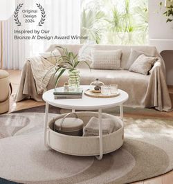 Coffee Table with Storage, Round Center Table for Living Room with Fabric Basket, Modern Style, Metal Frame, Matte White and Camel Brown ULCT244W10