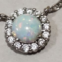 925 Sterling Silver & Opal w/Crystal Pendant Necklace 18"