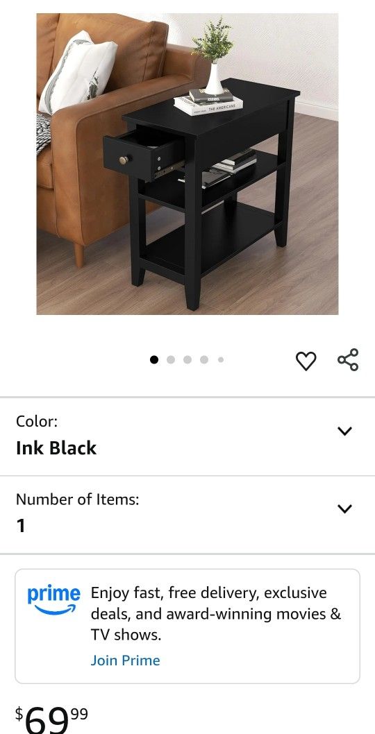 ChooChoo Side Table Living Room, Narrow End Table with Drawer and Shelf, 3-Tier Sofa End Table for Small Space, Black