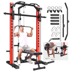 OPPSDECOR All-in-One Adjustable Smith Machine with LAT-Pull Down System Multi-Function Power Cage for Home Gym Cable Crossover Squat Rack of Workout M