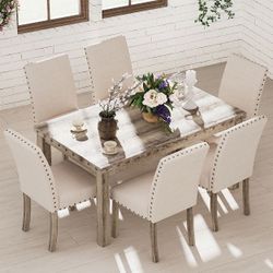 7 Pieces Wooden Dining Table Set Rustic Rectangle Table and Upholstered Chair for Kitchen, Restaurant-Morden Fort