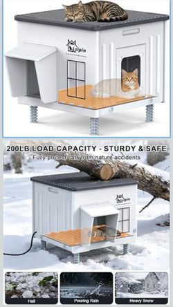 New Indestructible Heated Cat House for Outside, 100% Waterproof & Weatherproof Outdoor Heated Cat House with Escape Door for Winter, Insulated Feral 