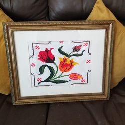 Framed Flower Handmade Cross Stitch Piece-h 21 in × w 17 in