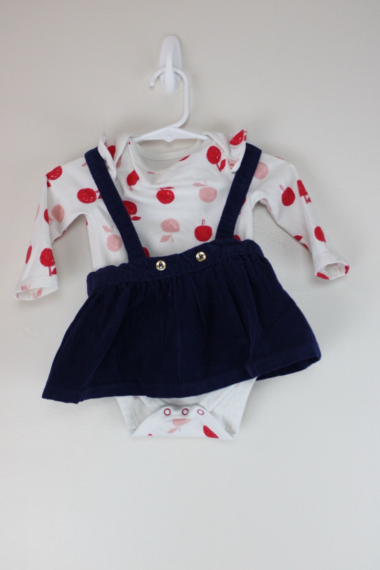 Baby Girls 3-6 M Corduroy Jumper & Apple Print One Piece Red White Blue Americana Outfit