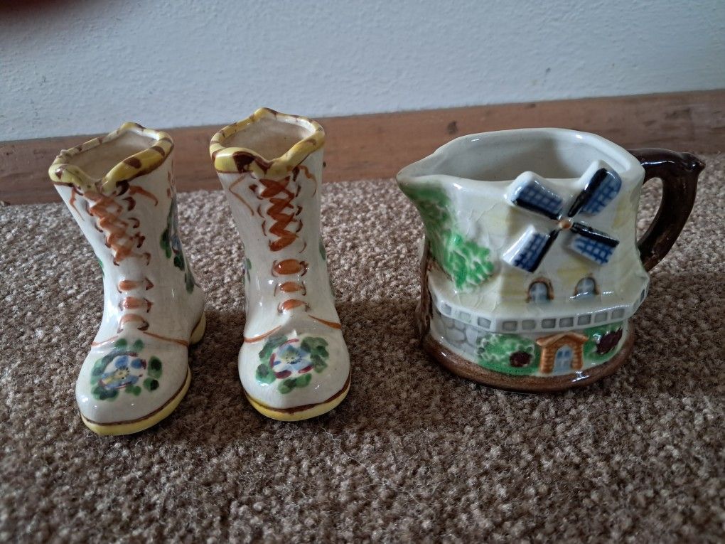 Handpainted Windmill Creamer & Boot Toothpick Holders