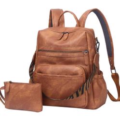 Women’s PU Leather Backpack Purse 2PC Set – Brown Shoulder Bag with Wallet