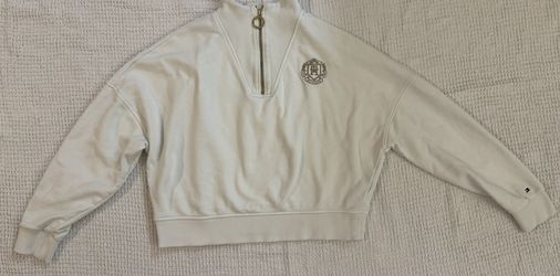 Tommy Hilfiger Women's White Cropped 1/4 Zip Cotton Sweatshirt Sz S Quarter Zip