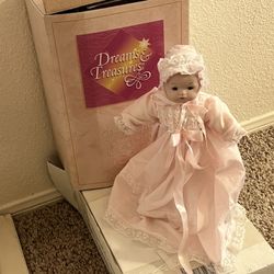 1992 Vintage Pink Christening Gown Baby Girl Porcelain 12 1/2" Dreams & Treasures Lights of Heaven