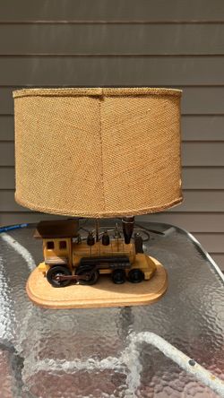 Vintage Rare Wooden Train Steam Engine Table Lamp with Burlap Shade