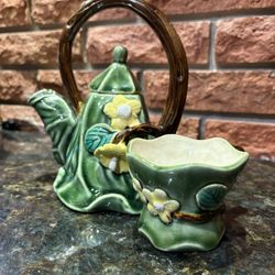 Vintage 1950s Green Floral Teapot & Creamer Set – Majolica Sty