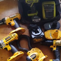 DeWalt Cordless Hand Drills w Batteries & Charger(s) AND Ryobi Drill Charger & Battery w Branded Case