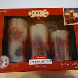Flameless 3 Piece LED Poinsettia Candle Set
