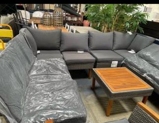 Assembled New 9-Piece Patio Rattan Furniture Set Acacia Wood Legs PE Rattan Coffee Table