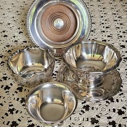 Lot of 4 Vintage Silver Plated Tableware: Wine Coaster, Sauce Bowl, Bon Bon Dish