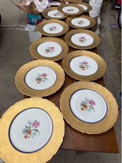 Antique T&V Limoges France Gold encrusted floral dinner plates