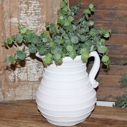 Shabby French Country Farmhouse Cottage Pottery Stone Pitcher with Eucalyptus