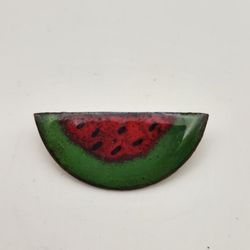 Vintage Copper & Enamel Watermelon Brooch 1.5" Long .75" Wide