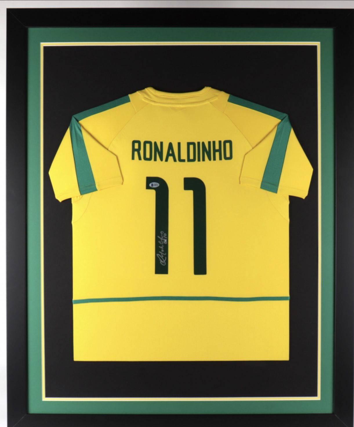Ronaldinho Signed 32x36 Custom Framed Jersey Display (Beckett COA)