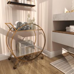 Bray Gold Metal Rolling Round 2 Mirrored Shelf Bar Cart with Top Handle