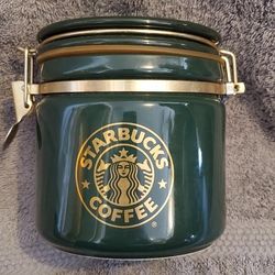 Starbucks Coffee Canister Green W/Gold Trim & Locking Lid