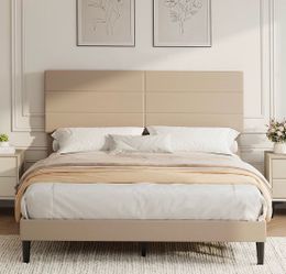 Queen Size Bed Frame with Adjustable Headboard,Linen Fabric Upholstered Platform Bed,Mattress Foundation with Strong Wood Slats Support,No Box Spring 