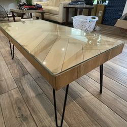 Gorgeous Real Wood Table With Glass Top And Metal Legs