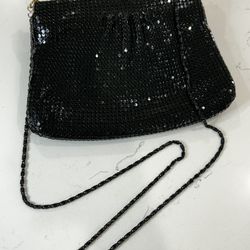  Vintage 80’s Black Sequin Metal Mesh Evening Bag Purse Crossbody Hand Night 