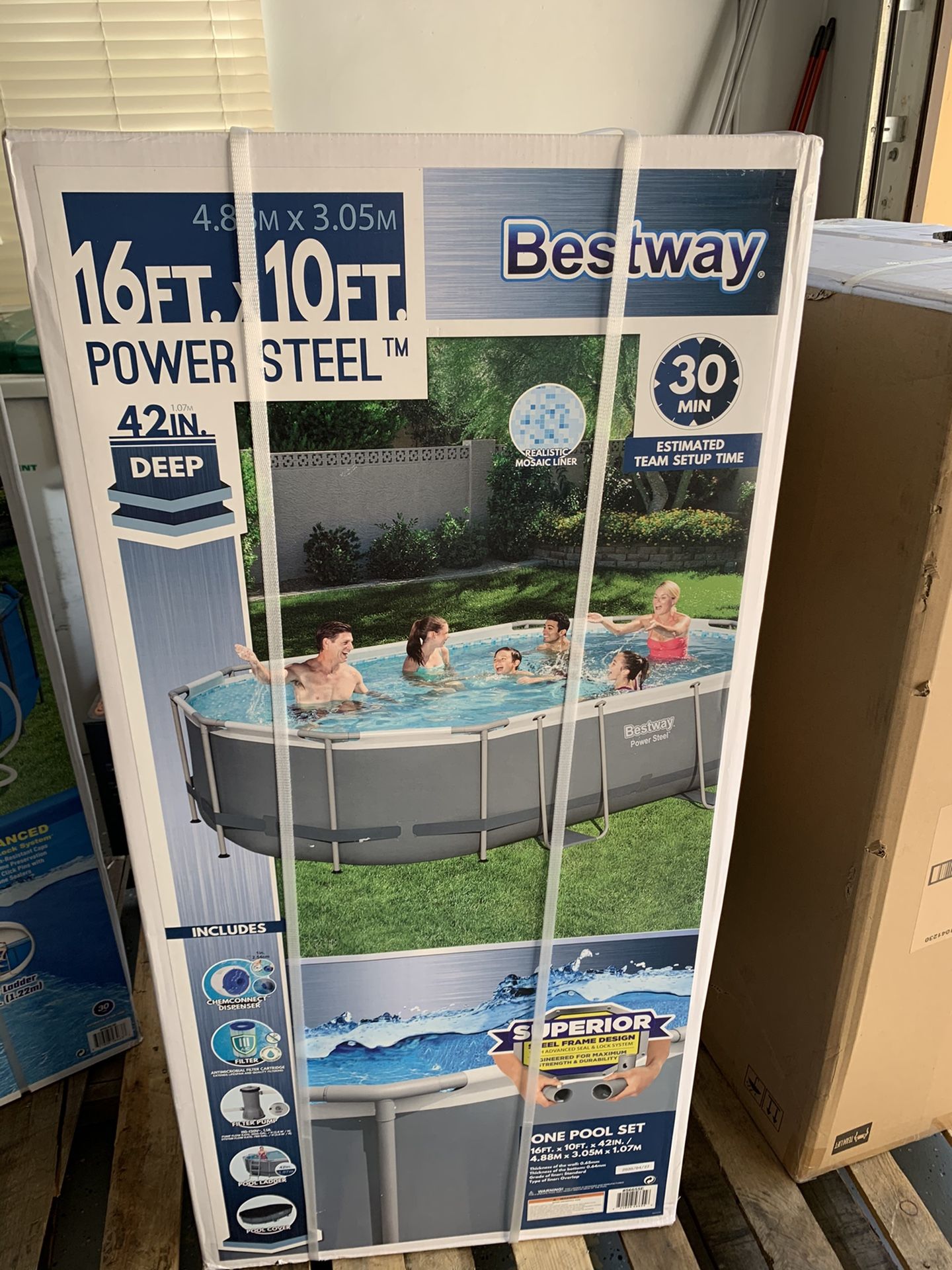 Brand New Bestway 16ft x 10ft x 42in Oval Power Steel Above Ground Swimming Pool Set with Pump, Filter, Ladder, Ground Cloth & Cover