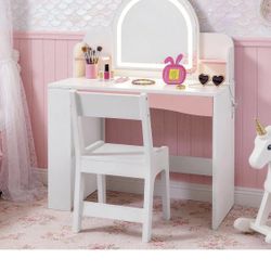 Brand New Toddler Vanity Table Set with Lighted Mirror and Chair, Kids Makeup Desk with Storage Shelves and Open Bookshelf, Princess Vanity Furniture 