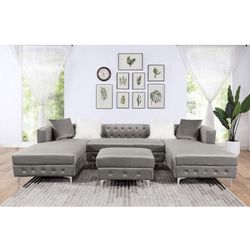 Grey  Velvet U Shape Sectional With Ottoman Pillows Included Chrome Legs Brand New In Box Firm Price $1,240