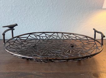 Metal Basket with Bird Motif and Geometric Woven Design