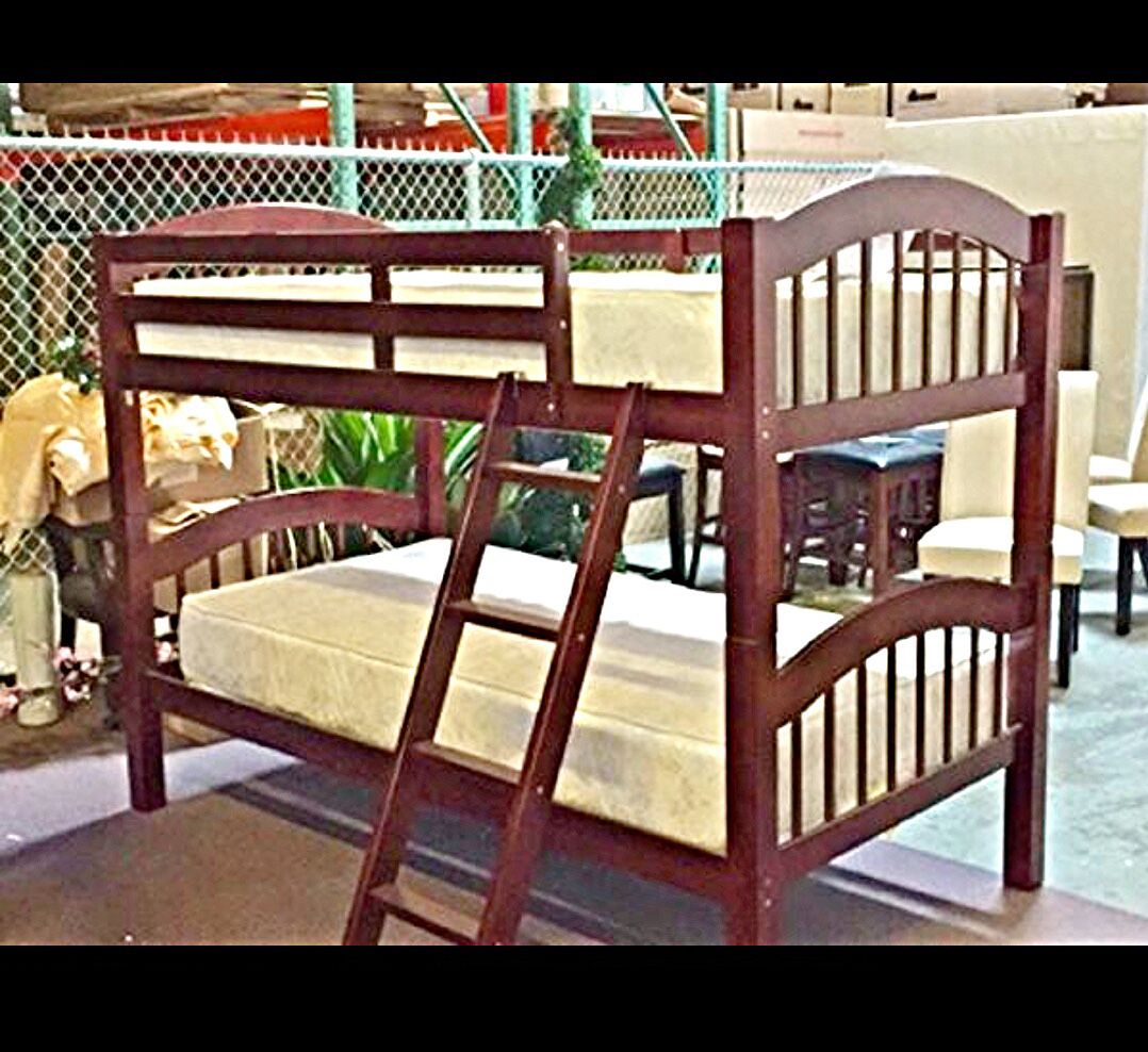 Twin Over Twin Wooden Cappuccino Bunk Bed Frame With Two New Mattress 