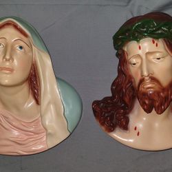 Vintage Jesus Christ Ecce Homo & Mother Dolorosa Plaster Wall Hanging Portraits