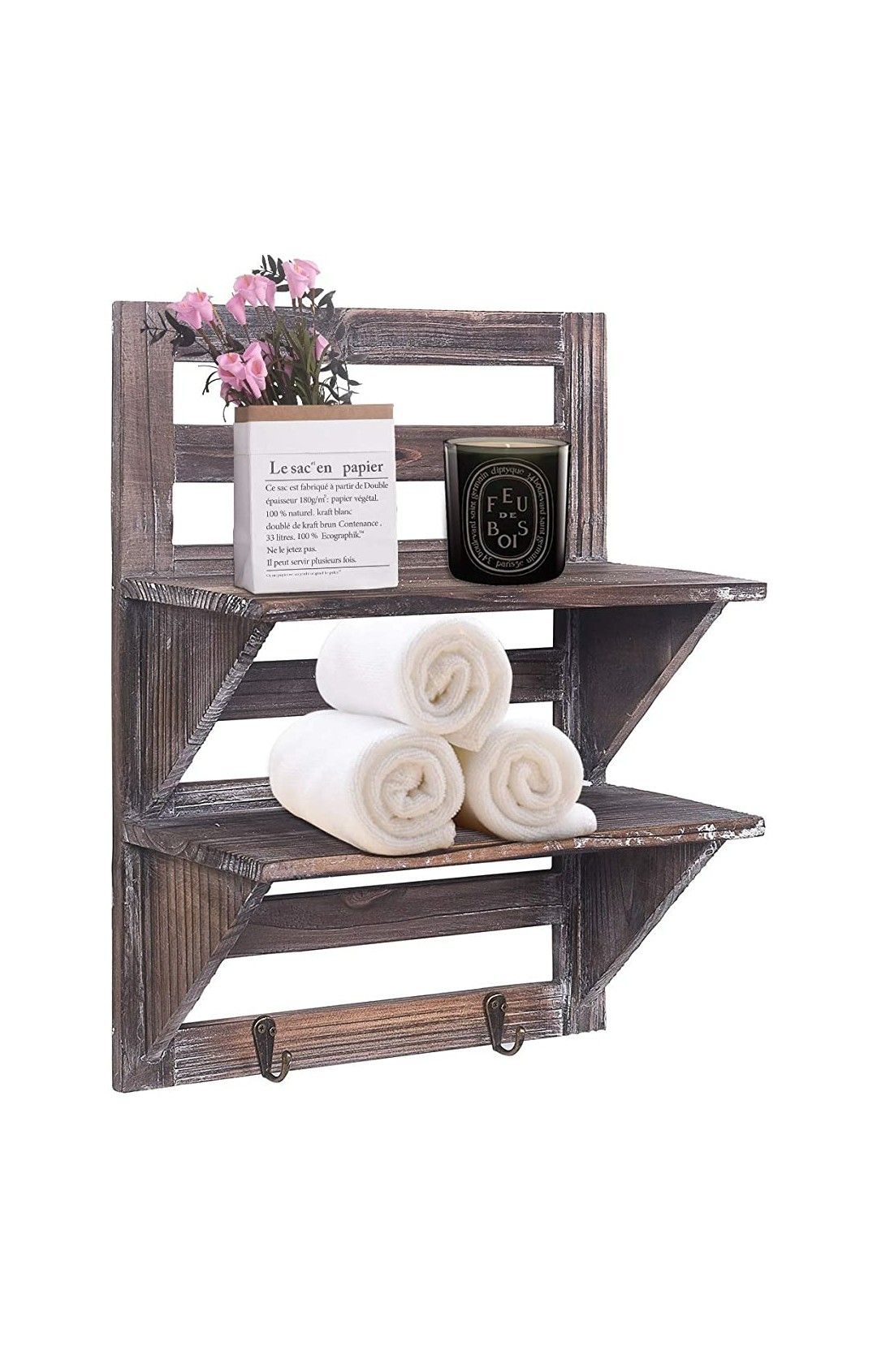 (ST07) RHF Rustic Shelves Bathroom Shelf Over Toilet Wood Wall Mounted Shelves for Bathroom Floating Shelves Wall Shelves 2 Hooks 2-Tier, (Brown)