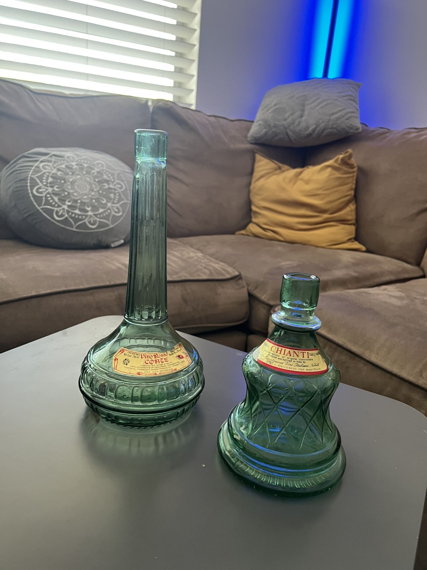 Vintage Green Glass Wine Bottles, Vino Rosso Conte & Chianti, both imported from Italy empty
