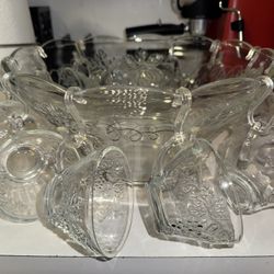 Antique Anchor Hocking Grape Embossed Punch Bowl/ 11 Matching Cups