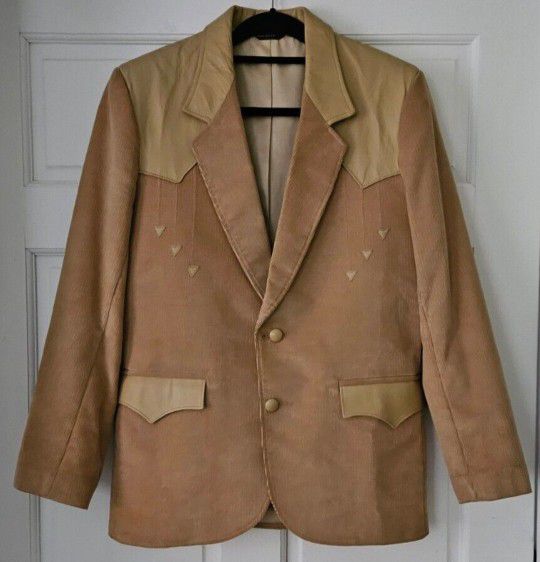 Pioneer Wear Men Blazer Sports Coat Tan Corduroy Leather Yoke Size  44 
